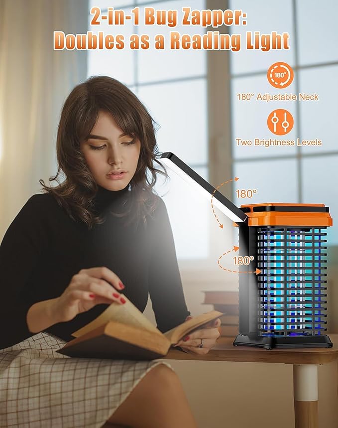 Solar Bug Zapper Outdoor Indoor, Mosquito Zapper with Dual-Mode Reading Lamp, Cordless & Rechargeable Electric Fly Trap, IPX4 Waterproof for Patio, Backyard