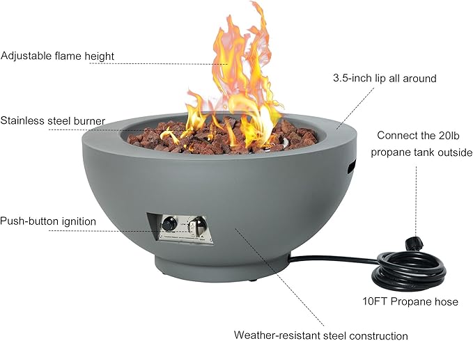 28-Inch Gas Fire Pit with Propane Tank Cover, 50,000 BTU Round Propane Fire Pit Table, Patio Fire Bowl Firepit with Lid, Lava Rocks, Cover, Pre-Attached 10FT Propane Hose, Gray