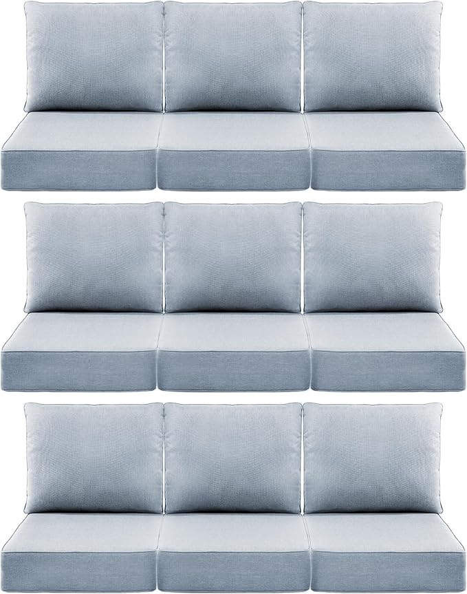 Luxury 6" Outdoor Cushions for Patio Furniture, 24x24x6 Thick Seat Cushion Set of 9, Fade Resistant Couch Chair Replacement Cushions High Density Wicker Chair Cushion w/Removable Cover Baby Blue