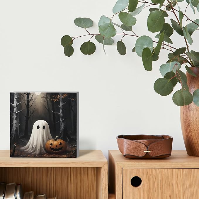 Mtrgdn Halloween Decor,Halloween Decorations Indoor,Spooky Ghost Pumpkin Desk Decor Wooden Box Sign,Halloween Home Office Kitchen Bathroom Bedroom Coffee Table Shelf Wall Decorations,5x5 In