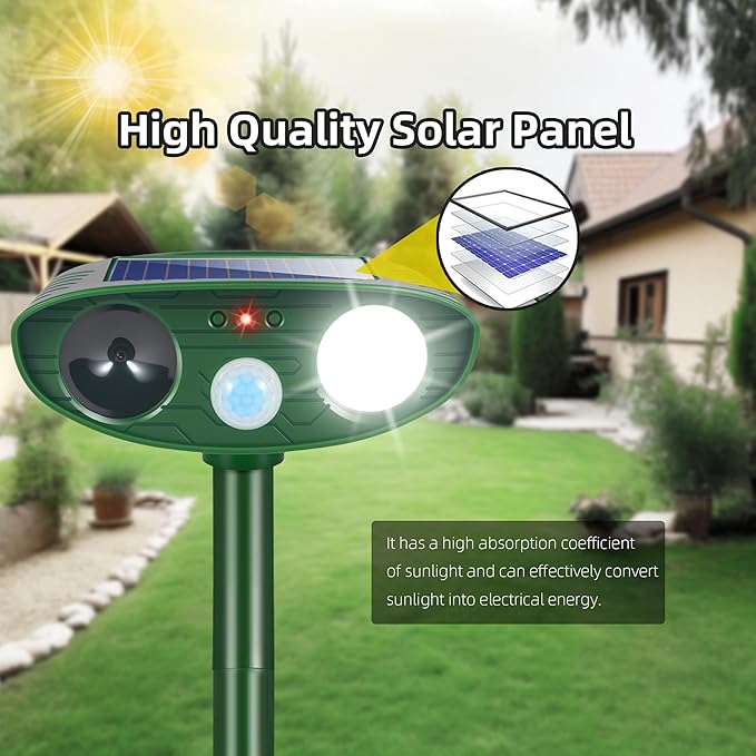 Solar Ultrasonic Animal Repellent Outdoor, Deer Repellent Devices for Yard Garden with Motion Sensor & Flashing Light, Waterproof Animal Deterrent for Cat Dog Squirrel Raccoon Rabbit Skunk Coyote Farm