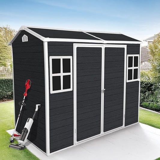 8x4ft Resin Outdoor Storage Shed with Floor and 2 Windows, Plastic Sheds & Outdoor Storage Clearance for Patio Furniture,GardenTools, Bike Accessories and Lawn Mower