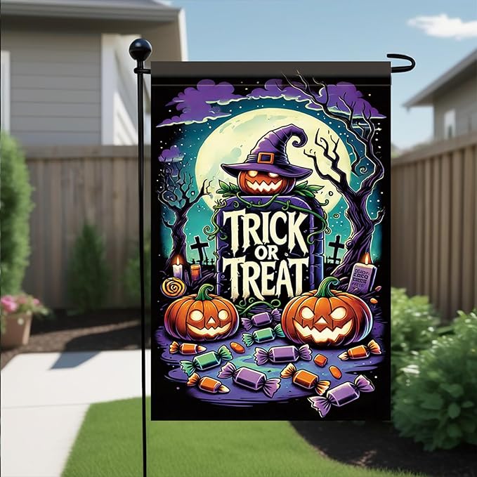 Halloween Garden Flag Pumpkin Witch Hat Trick or Treat Flag 12x18 Inch Double Sided Outdoor Yard Banner for Halloween Haunted House Spooky Decoration Decor