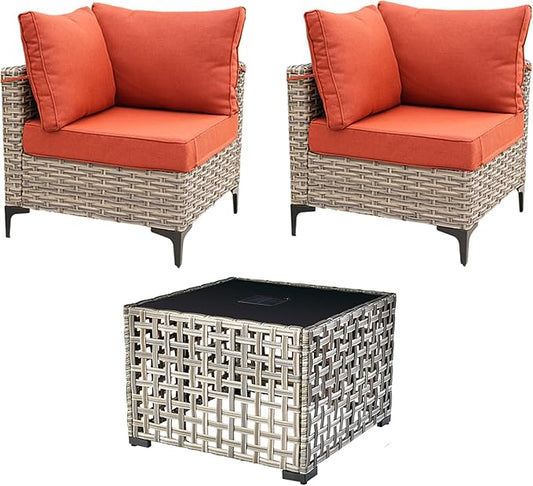 HOOOWOOO 3 Pieces Outdoor Patio Sectional Sets with 2 Single Arm End Corner Chairs and an LED Table,Orange Red