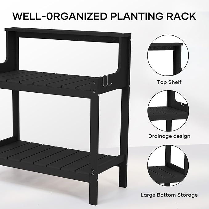 Outdoor Potting Bench HDPS Potting Table with 4 Side Hooks All-Weather Garden Table Work Station 360lbs Capacity Garden Potting Bench for Porch Black