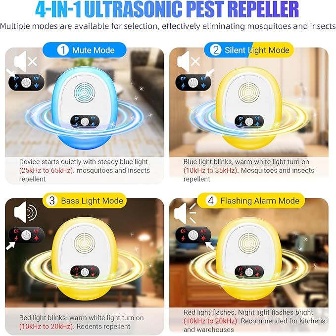 2025 Upgraded Ultrasonic Pest Control Repeller,6 Pack Mouse Rodent Repellent Ultrasonic Plug in Mouse Repellent Indoor for Spider Ant Bug Fly Roach Rat Mice Insect Deterrent,4 Mode Switching