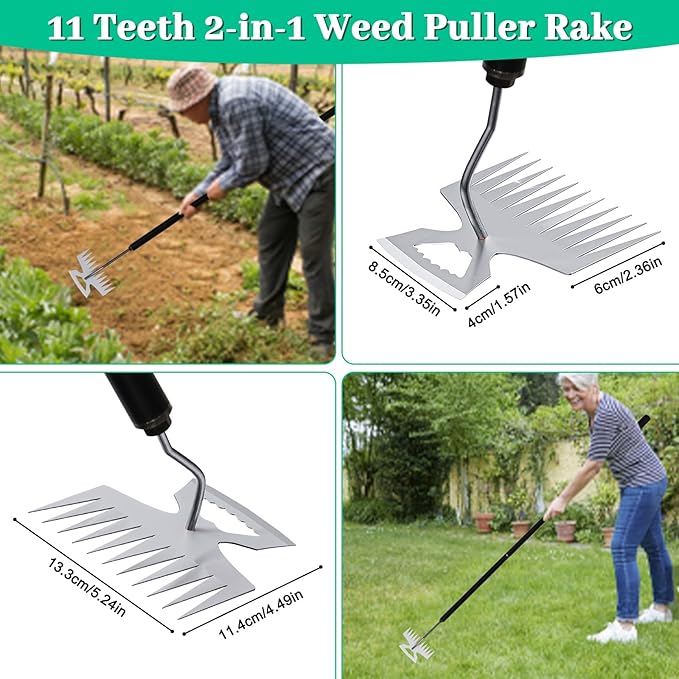 2-in-1 Weed Puller Rake Hand Weeder Garden Tools,New 11 Teeth Uprooting Weeding Tool with Adjustable Long Handle,Manganese Steel Weed Remover Tool for Garden,Lawn Weeding and Loosening Soil（Black）