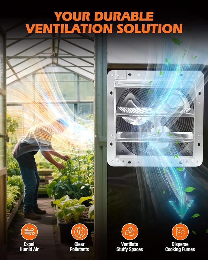 JVO 12 Inch Shutter Exhaust Fan 1450 CFM High-Powered Ventilation, Ideal for Attics, Greenhouses, Garages and Chicken Coops - Wall Mount for Easy Installation (No Power Cord Included)
