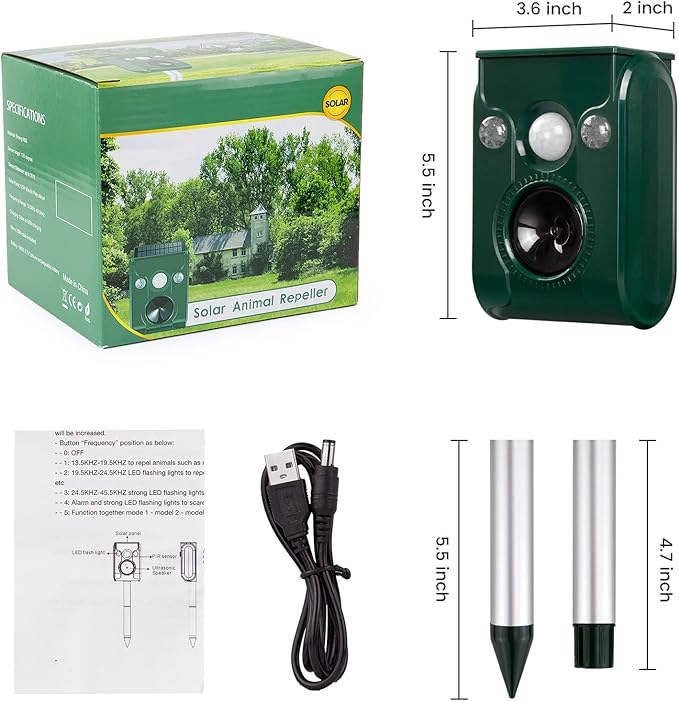 2025 Upgraded Solar Animal Repeller, Ultrasonic pest Repeller, Cat Repellent Outdoor, Squirrel Repellent, Deer Repellent,Waterproof,Siren and Flash Animal Repellent,Dog, Raccoon, Skunk, Rabbit, Rodent