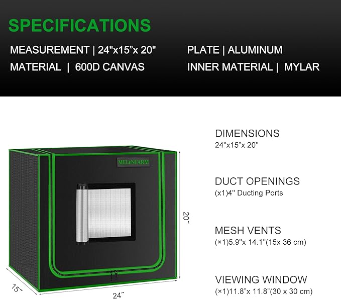 MELONFARM Small Grow Tent for Aerogarden，24”x16”x20” ，Hydroponics Growing System ，Highly Reflective 600D Diamond Mylar Canvas with Ventilation window and Floor Tray for Hydroponic Indoor Plant Growing