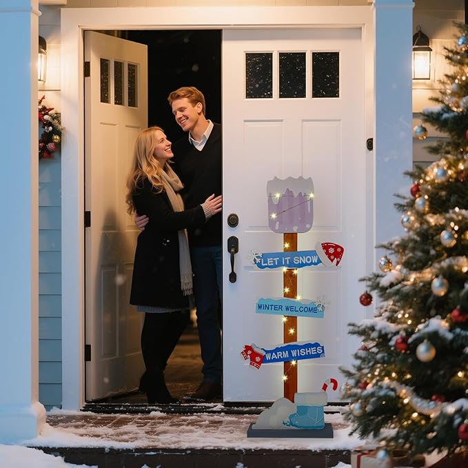 Lighted Let It Snow Winter Welcome Porch Sign, Christmas Wood Snow Shovel Warm Wishes Standing Sign Decorations,Xmas Hat Gloves Candy Cane Sign For Indoor Outdoor Yard Decor