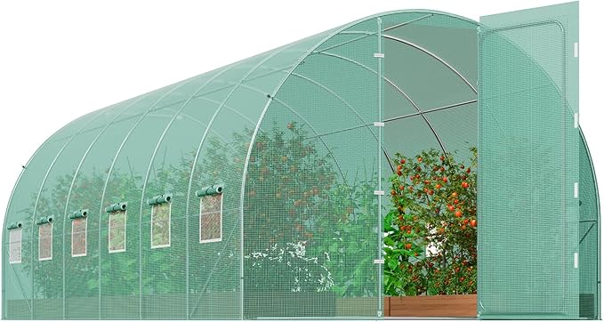 VEVOR Walk-in Tunnel Greenhouse, 19.4x9.7x7.4 ft Hoop House Greenhouse Tunnel, Plant Hot House with Galvanized Steel Frame, Green PE Cover, Swing Door and 12 Roll-up Windows for Outdoor