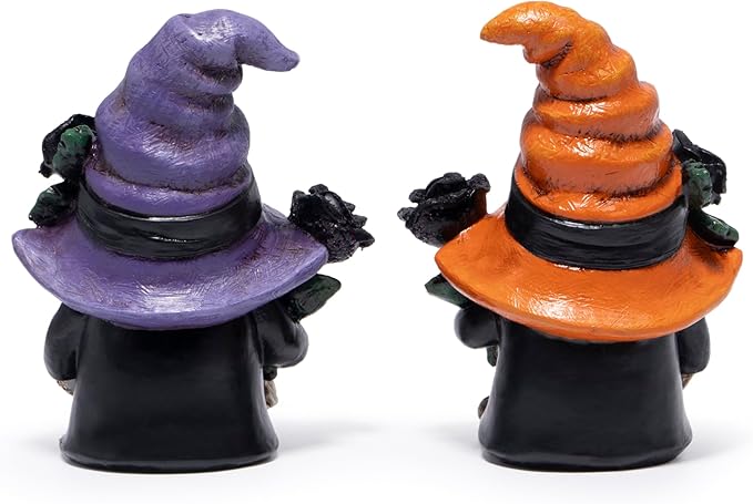 Hodao Halloween Gnomes Decorations Indoor, Resin Halloween Skull Head Handmade Figurines with Witch Hat & Rose Decor for Gift Home Bedroom Party Office Table - 2 Pcs, Orange & Purple