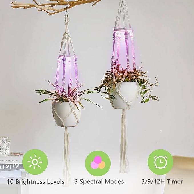 Macrame Plant Hanger with Grow Light: 2 Pack Boho Hanging Planters with Light for Indoor Plants, Ideal for Apartments, Small Spaces, Low-Light Rooms (GrowPro Spectrum)