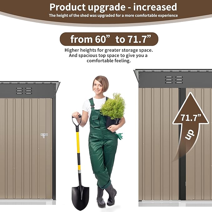 WKM 5x3 FT Outdoor Storage Shed, Utility Metal Tool Storage with Lockable Doors and Updated Frame Structure, Large Metal Garden Shed for Backyard, Patio Lawn,Brown