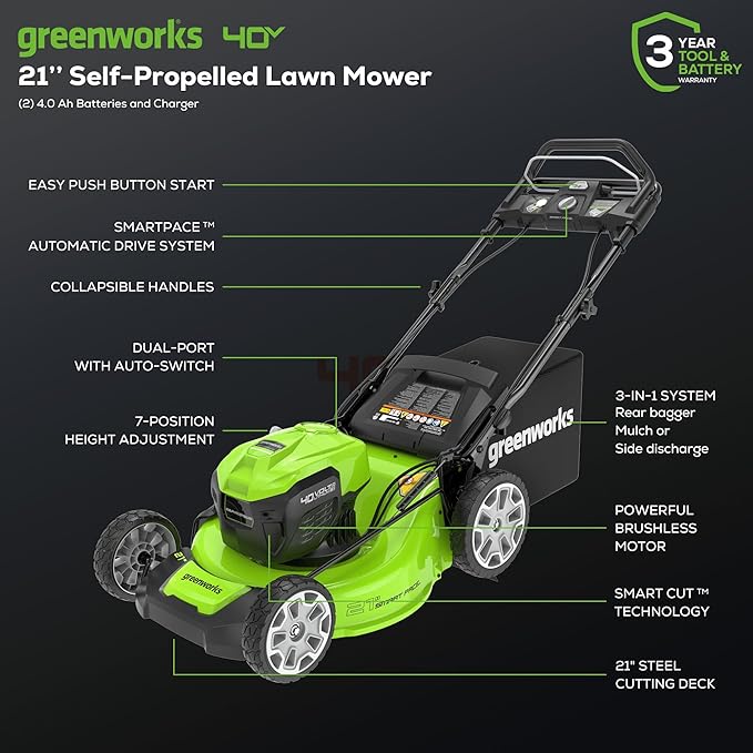 Greenworks 40V 21" Brushless Cordless (Smart Pace / Self-Propelled) Lawn Mower (75+ Compatible Tools), (2) 4.0Ah Batteries and Charger Included