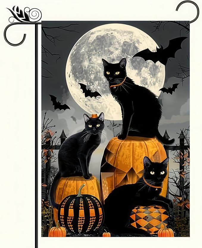 Scary Pumpkin Black Cat Spooky Welcome Halloween Cat 12 X 18 Inches Double-Sided House Flags