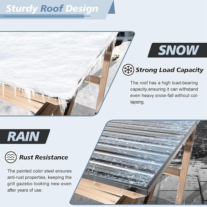 CHARMELEON 6'x8' Wood Grill Gazebo, Cedar Wood BBQ Grill Gazebo with 2 Side Storage Shelves, Pavilion with Hardtop Sloping Steel Roof for Outdoor, Patio, Barbecue, Garden, Deck