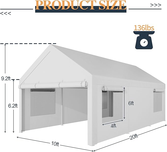 Shintenchi Portable Garage Canopy,10x20 FT Heavy-Duty Design Carport,Carport Canopy with Side-Opening Removable Door & Roll-Up Window,Portable Car Port for Car, Truck, Boat,White
