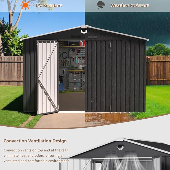 10x12 FT Outdoor Storage Shed, Metal Garden Shed - Tool Storage Sheds with Lockable Doors & 1 Clear Window, Waterproof Outside Storage Building for Backyard, Patio (Black; Floor Not Included)