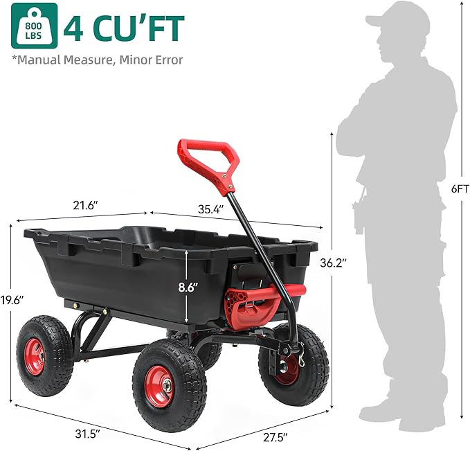 800lb Garden Dump Cart, Heavy Duty Wheelbarrow Dump Wagon with 4 Wheels&Quick-Release Dumping,Utility Wagon Carts for Yard,Farm and Garden