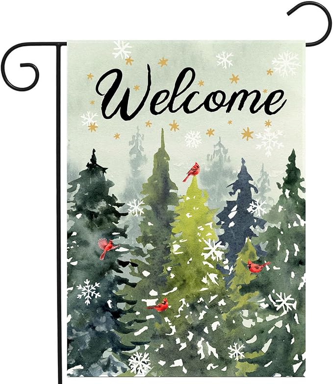 Welcome Winter Garden Flag Pine Tree Flag Snowy Forest Red Birds Cardinals Flag 12x18 Double Sided Outdoor Christmas Farmhouse Decorations Seasonal Yard Flags