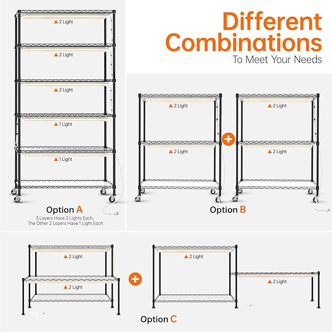 DIY Plant Shelf with Grow Lights, Grow Light Shelf with Adjustable Rack and Wheels, Plant Stand, 8-Pack 192W T8 3000K Full Spectrum Grow Lights for Seed Starting,Seed Tray(29.5L x 13.8W x70.9H)