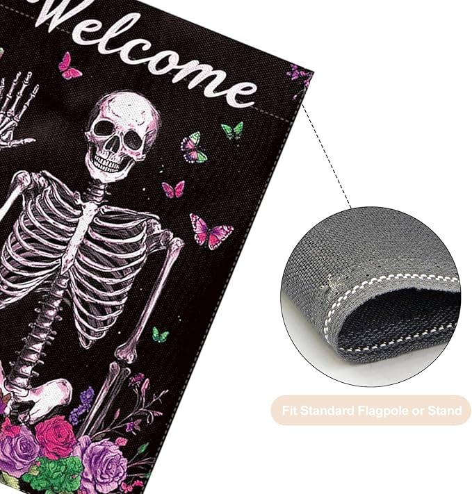 Halloween Garden Flag 12 x 18 Inch Double Sided Skeleton Rose Butterfly Designs Welcome Fall Autumn Burlap Yard Flag for Outside Rustic Yard Outdoor Holiday Home Decoration