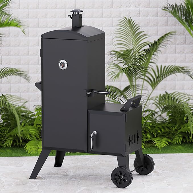 Vertical Cabinet Charcoal Smoker, Black Steel, BBQ Grill with Wheels, Temperature Gauge, Removable Ash Pan, 53x20x35 Inches