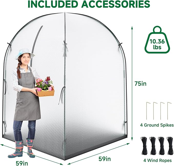 Portable Greenhouse for Outdoors, Green House Tent with Thick Bubble Film Cover, Ground Mat, Zippered Door Walk-in Mini Green House Kit for Outside, 59x59x75 Inch