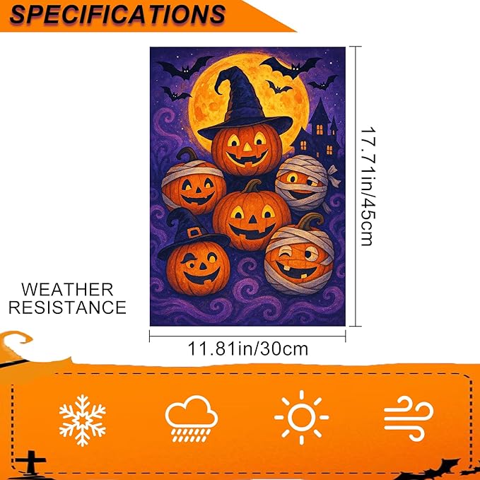 IVN Spooky Halloween Garden Flag 12x18 Inch Double Sided Witch Hat Pumpkin Jack O’ Lantern Trick or Treat Outdoor Fall Yard Flag for Outside Home Front Door Lawn Porch Patio Welcome Decor