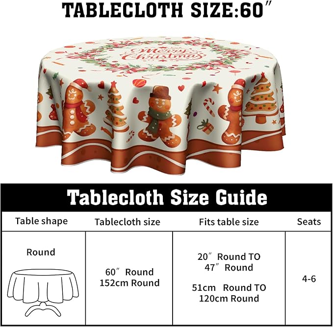 Merry Christmas Tablecloth Round 60 Inch,Traditional Xmas Gingerbread Man Cookie Reusable Washable Circular Table Cover for Holiday Home Kitchen Party Wedding Picnic