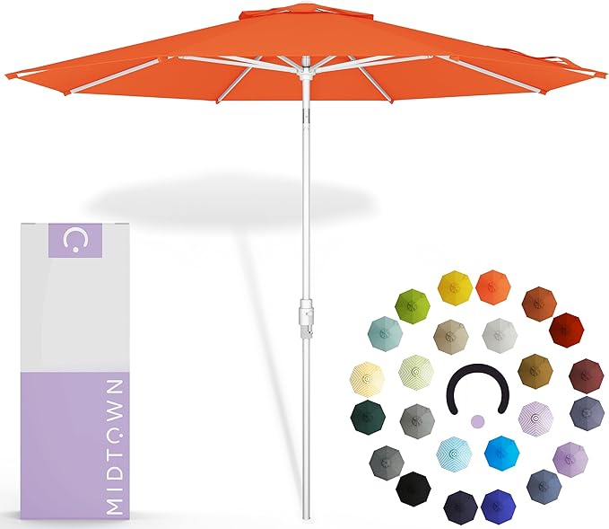Midtown Umbrellas The Swilt 9 Feet Patio Umbrella in Terylast Tangerine (Bright Orange) Polyester Fabric - Fiberglass Ribs, Auto-Tilt Aluminum Frame For Backyard, Deck, Garden, Pool - White Pole