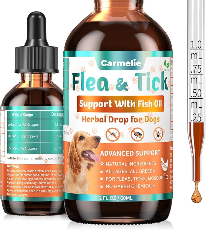 Flea & Tick Support for Dogs, Natural Flea and Ticks Comfort for Dog with Fish Oil, Flea & Tick Liquid Herbal Drop for Dogs - All Breeds & Ages - Chicken