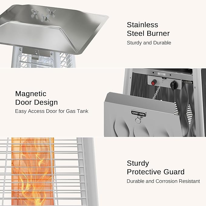 EAST OAK Pyramid Patio Heater, 48,000 BTU Outdoor Patio Heater All Stainless Steel, Quartz Glass Tube Propane Heater, Triple Protection System, With Wheels, Outdoor Heater for Commercial & Residential