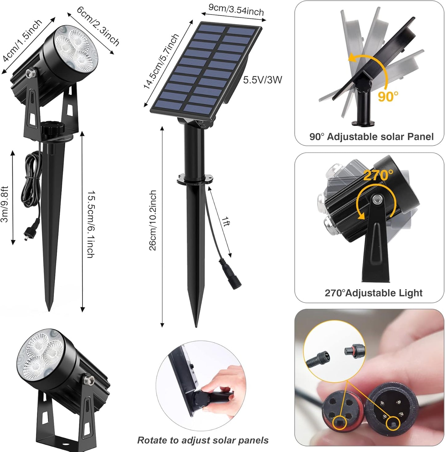 Solar Spot Lights Outdoor, Solar Landscape Spotlights IP65 Waterproof 9.8ft Cable, Auto On/Off Outdoor Wall Lights for Garden Yard Driveway Porch Walkway Pool (1-in-1 6000K Cold White 4 Pack)