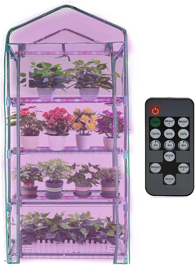 Mini Greenhouse with Grow Light , 4 Tier 27.2" L×19.9" W×61.8" H Portable Greenhouse with Zippered PVC Cover for Seed Starting Trays , Dimmable 2ft 60W Plant Light for Indoor Plant with Timer