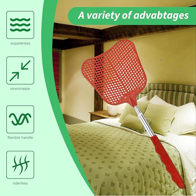 MYSTICHOME Fly Swatter 1 PCS, Durable Heavy Duty Plastic Fly Swatters, Stainless Steel Telescopic FlySwatter for Indoors/Outdoor/Kitchen/Garden (Red)