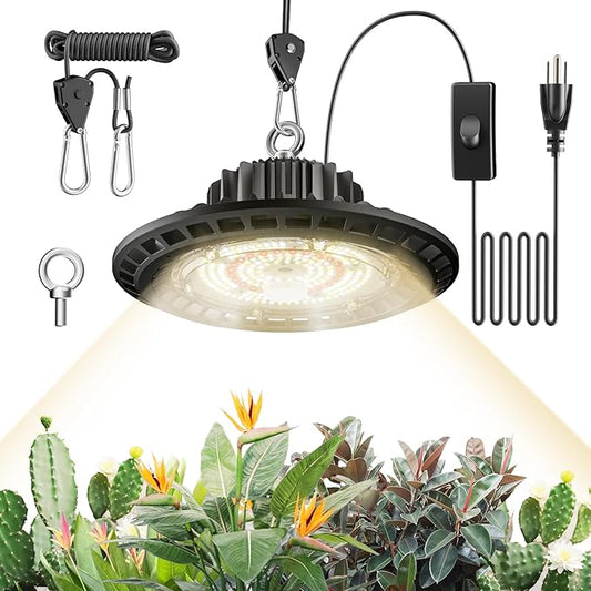 100W Hanging LED Grow Light for Indoor Plants, Full Spectrum UFO Lamp, IP65 Waterproof, 9.8FT Cord with On/Off Switch, Smart Plug Compatible for Hydroponics, Greenhouse, Grow Tent