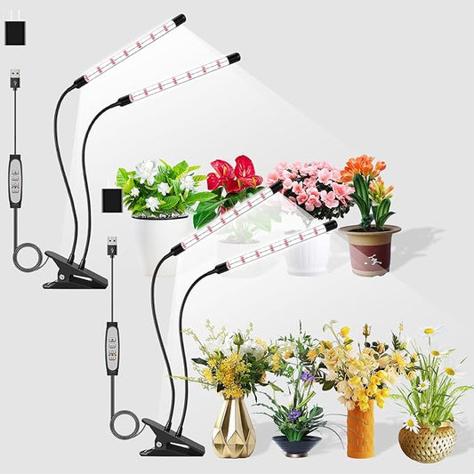 V-Shape Grow Lights for Indoor Plants Full Spectrum, 2 Heads LED Plant Lamps with Clips and 5 Dimmable Level and 6/12/18H Timer for Plant Growing(Pack 2)