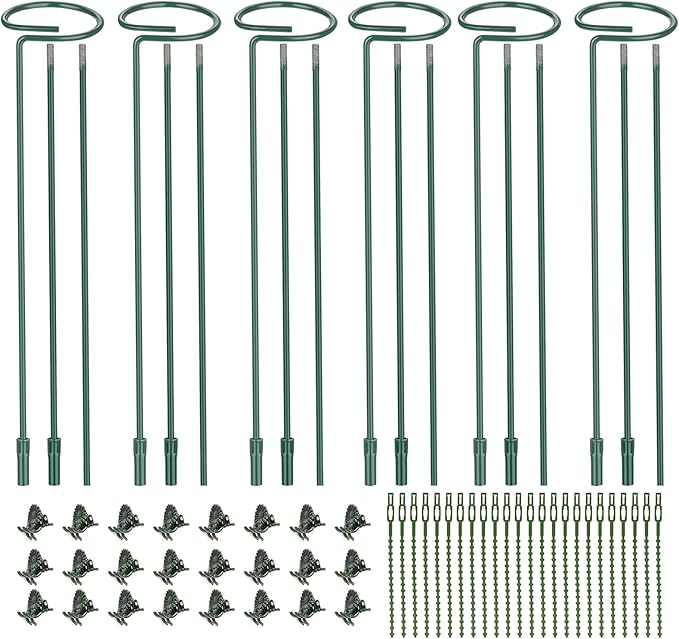 6 Pack (DIY) Plant Support Stakes, Three Sizes (12 or 24 or 36 inch) Plant Support Rings for Outdoor or Indoor, Garden Plant Stakes for Flowers Vegetable Roses Daffodils Tomatoes