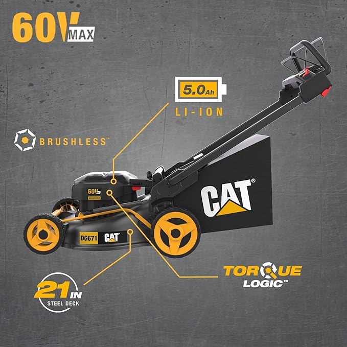Cat DG671 60V 21” Self-Propelled Cordless Lawn Mower 3-In-1 Cutting Modes, Brushless Battery Lawn Mower with TorqLogic, Easy-Adapt Self-Propelled Lawn Mower – Battery & Charger Included