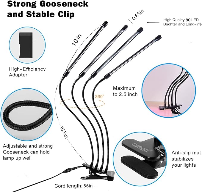 bseah Grow Light Plant Lights for Indoor Plants, Clip on with 3/9/12 H Timer, Full Spectrum Growing Lamp for Seed Starting (with AC Adapter)