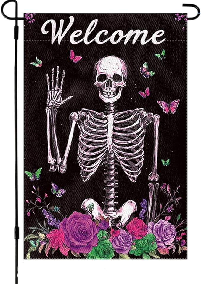 Halloween Garden Flag 12 x 18 Inch Double Sided Skeleton Rose Butterfly Designs Welcome Fall Autumn Burlap Yard Flag for Outside Rustic Yard Outdoor Holiday Home Decoration