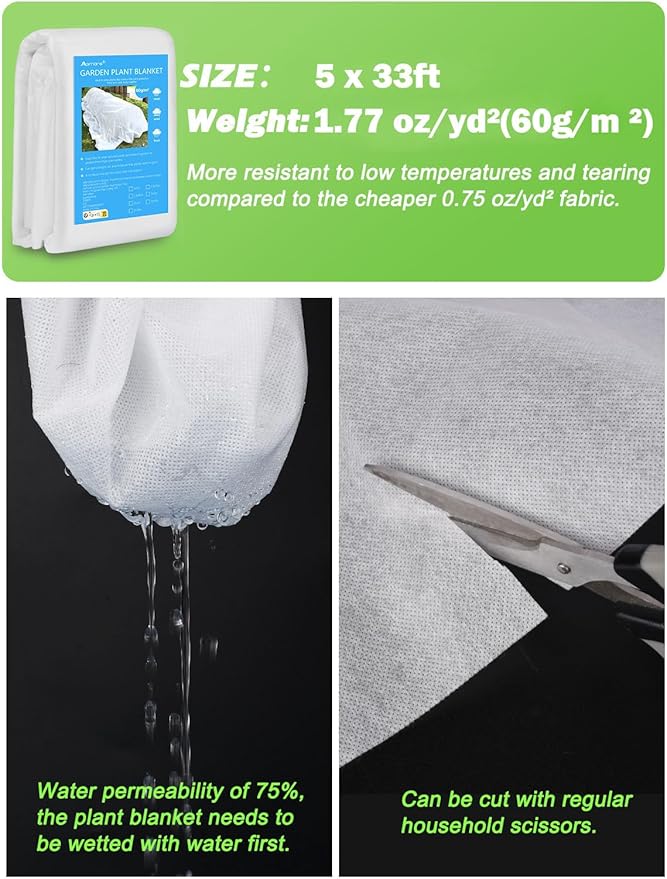Abimars Thicker Plant Covers Freeze Protection 1.77 oz/yd², 5ft x 33ft Reusable Floating Row Cover for Garden, Frost Cloth Plant Freeze Protection, Plant Blanket for Outdoor Plants