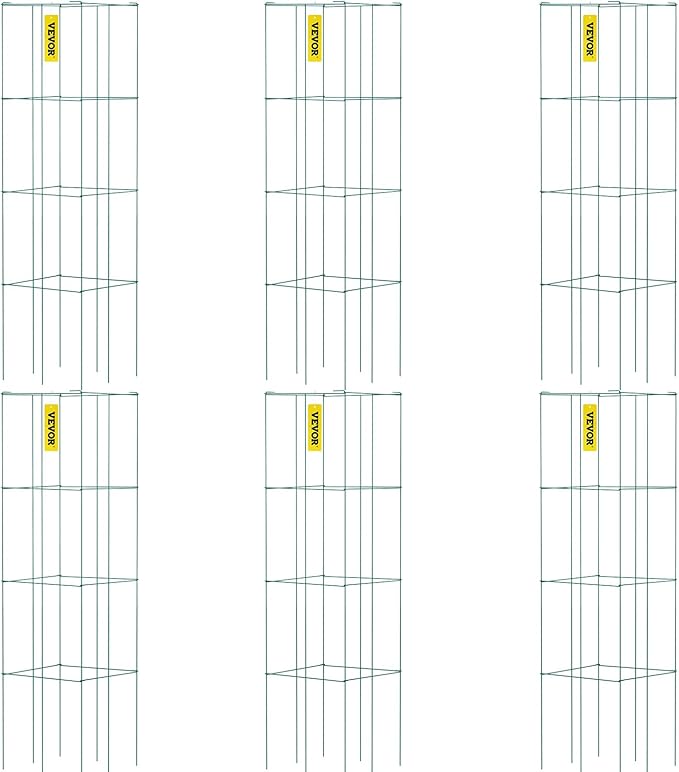 VEVOR Tomato Cages, 14.6" x 14.6" x 39.4", 6 Packs Square Plant Support Cages, Green PVC-Coated Steel Tomato Towers for Climbing Vegetables, Plants, Flowers, Fruits