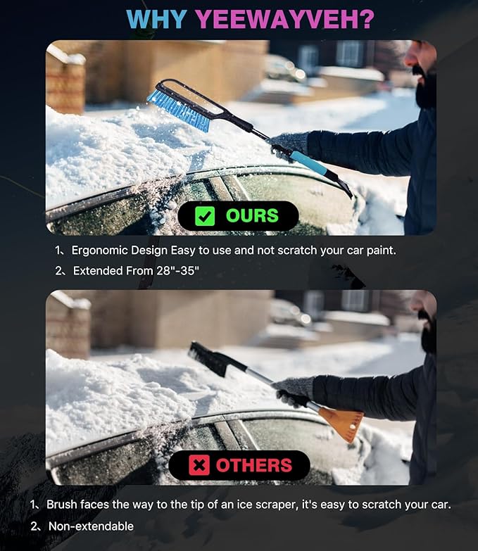 YeewayVeh 35" Snow Brush and Ice Scraper, Extendable Snow Scraper for Car Windshield with Foam Grip & Additional Handhold, 2 in 1 Scratch-Free Ice Scraper and Brush for Car Truck SUV, Blue (Single)