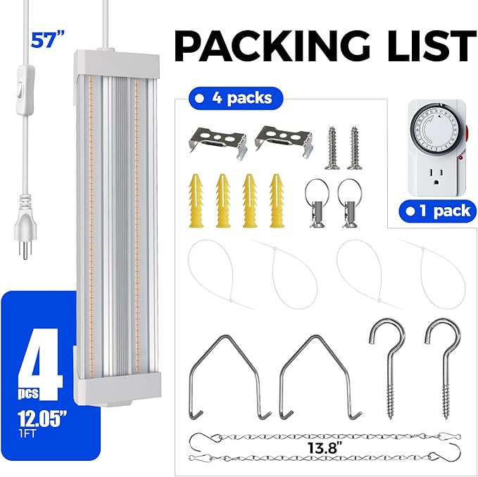 Barrina TX18 1FT Grow Light for Indoor Plants, 72W(4 x 18W, 360W Equivalent), High PPFD, Full Spectrum, Mechanical Timer, Grow Lights for Seed Starting, Vegetable with On/Off Switch, Linkable, 4 Packs