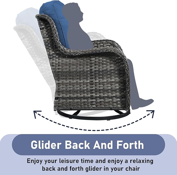 Wicker Rattan Patio Furniture Set - 7 Pieces Outdoor Couch with Swivel Chairs, Ottomans and Coffee Table for Deck, Poolside, Backyard - Grey/Blue