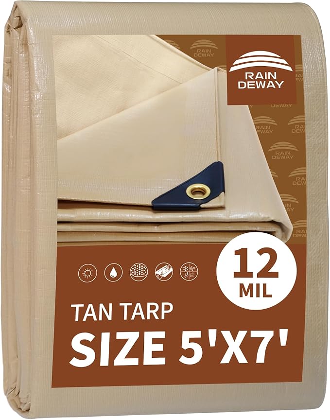 RAINDEWAY 5x7 Feet Heavy Duty 12 Mil Tan Poly Tarp Cover,UV Resistant,Weatherproof,Durable,Multipurpose Waterproof Small Tarp with Grommets and Reinforced Edges